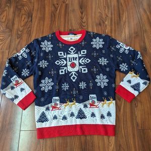 EUC Miller Lite Ugly Christmas Sweater Men's Size Large Snowflake Beer Can Party